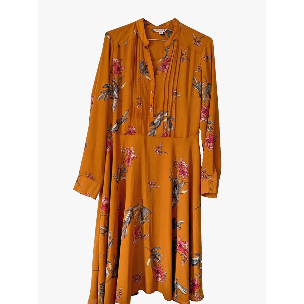 Midi dress size 8 Nanette Lepore orange floral long sleeve pleated classic